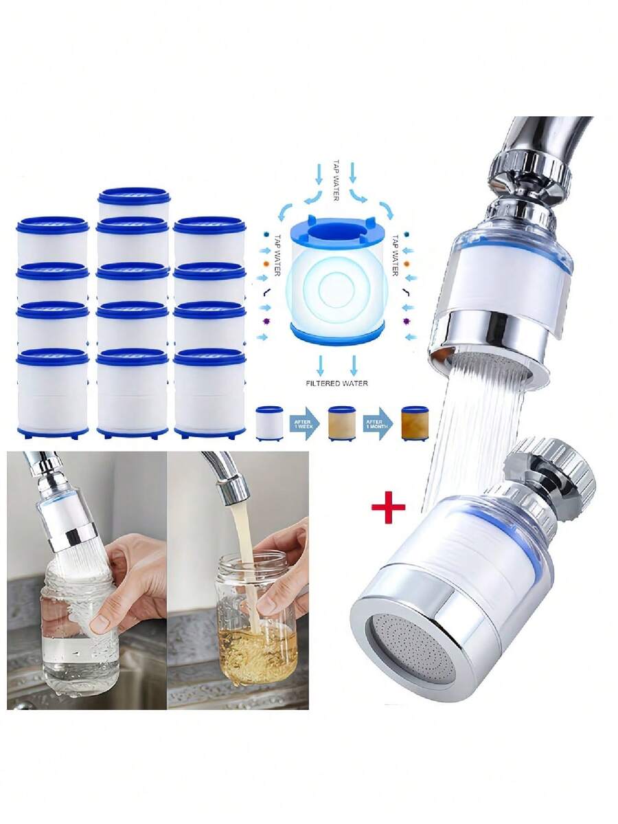 1 set Filter Pemurni Air Pengganti untuk Dapur dan Kamar Mandi, Filter Wastafel Berputar 360° - Tidak Membutuhkan Daya, Biru dan Putih, Filter Pemurni Air Keran yang Mudah Dipasang untuk Wastafel Dapur, Menghilangkan Klorin, Fluorida, dan Logam Berat
