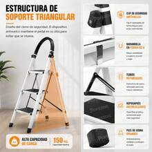 Escalera plegable, 3 peldaños. Escaleras plegables para el hogar, escaleras de acero inoxidable con pasamanos antideslizantes, escalera de tijera portátil para el hogar, la oficina, la cocina, el garaje. - Blanco - Ver 5