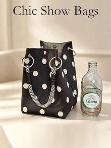 Polka Dot Pattern Canvas Bucket Bag, Woven Handle Handbag, Soft Textured Fabric With Neat Stitching, Spacious Interior For Daily Essentials, Perfect For Commuting, Weekend Shopping And Casual Outings, Ideal For Students, Office Women And Casual Wear Enthusiasts, Fashionable And Practical Daily Accessory (No Tag Included) - Black - View 6