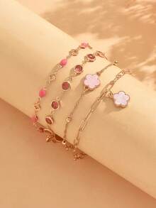 4pcs/Set Elegant Exquisite Pink Rhinestone Enamel Bracelet Set, Fashion Five-Petal Flower Decor Women's Hand Jewelry, Suitable For Daily Wear, Dating, Vacation And Party - Multicolor - View 3
