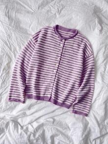 大尺碼女款條紋針織開襟衫，前扣鈕扣，長袖標準版型，適合春秋穿著，打造學院風 - 紫色 - 查看 5