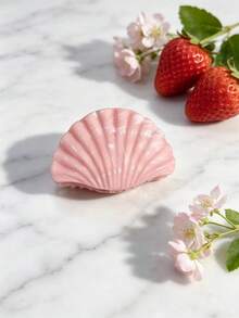 1pc Creative Fresh Sweet Vacation Style Pearlescent Shell Claw Clip Back Of Head Hair Bun Hair Claw Fashion Hair Accessory Women Textured Fan-Shaped Hair Clip Fashion High-End Faux Marble Fan-Shaped Clip Women Hair Bun Accessory - Hot Pink - View 8