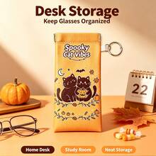 Built-In Lens Cleaning Cloth Eyeglasses Pouch Halloween Spooky Black Cat Pumpkin Pattern Portable Fashion Glasses Storage Bag With Keychain - Multicolor - View 5