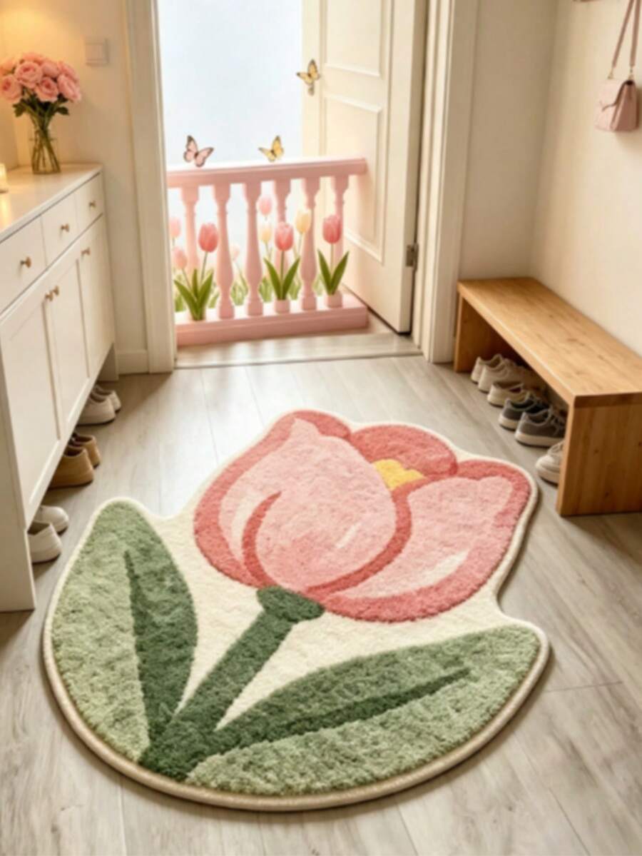 1 pieza Alfombra de tulipán rosa, tapete de estilo niña, decoración del hogar, alfombra de área, tapete para exteriores, decoración del hogar, alfombra de área, alfombra para dormitorio, alfombra lavable - Multicolor - Ver 1