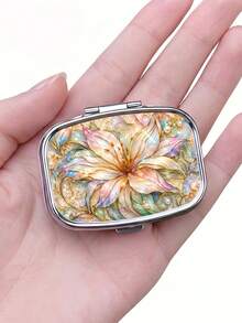 1pc Metal Pill Box With Glitter Lily Flower Pattern, Portable Dual Compartment Small Box, Divided Design For Easy Organization Of Pills And Jewelry, Pocket Size Space-Saving - Multicolor - View 5