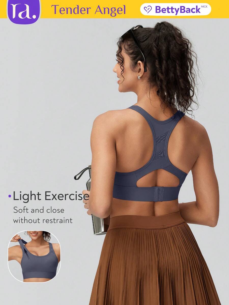 Tender Angel Women's Thick Shoulder Strap Adjustable Buckle Sports Bra, U-Neck Back, Cropped Tank Top, Minimalist Style For And Gym Fall - Dusty Blue - View 1