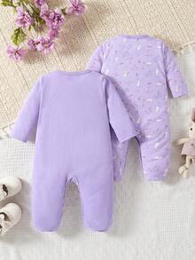 Conjunto de 2 peças para bebê menina (macacão com pezinho) – Roupa de manga longa com estampa de coelhinho de desenho animado na cor roxa; macio, confortável e perfeito para ficar em casa. - Roxo - Visão 2