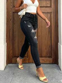 Women's Autumn Slim Fit Butt-Lifting Ripped Skinny Jeans - Black - View 4