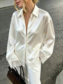 Women's Spring/Autumn Glossy Satin Lace Trim Turn-Down Collar Button-Up Flared Sleeve Asymmetrical Hem Waist Tie Long Sleeve Blouse - White - View 5