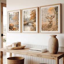 3Pcs Vintage Autumn Forest Canvas Wall Art, Spotted Deer Pumpkin Basket Wooden Bridge Lake Fall Oil Painting Prints, Rustic Farmhouse Decor For Living Room, Bedroom, Kitchen, Fall Nature Home Decoration, Halloween Decor, Posters & Prints, Frameless - 841 - View 6