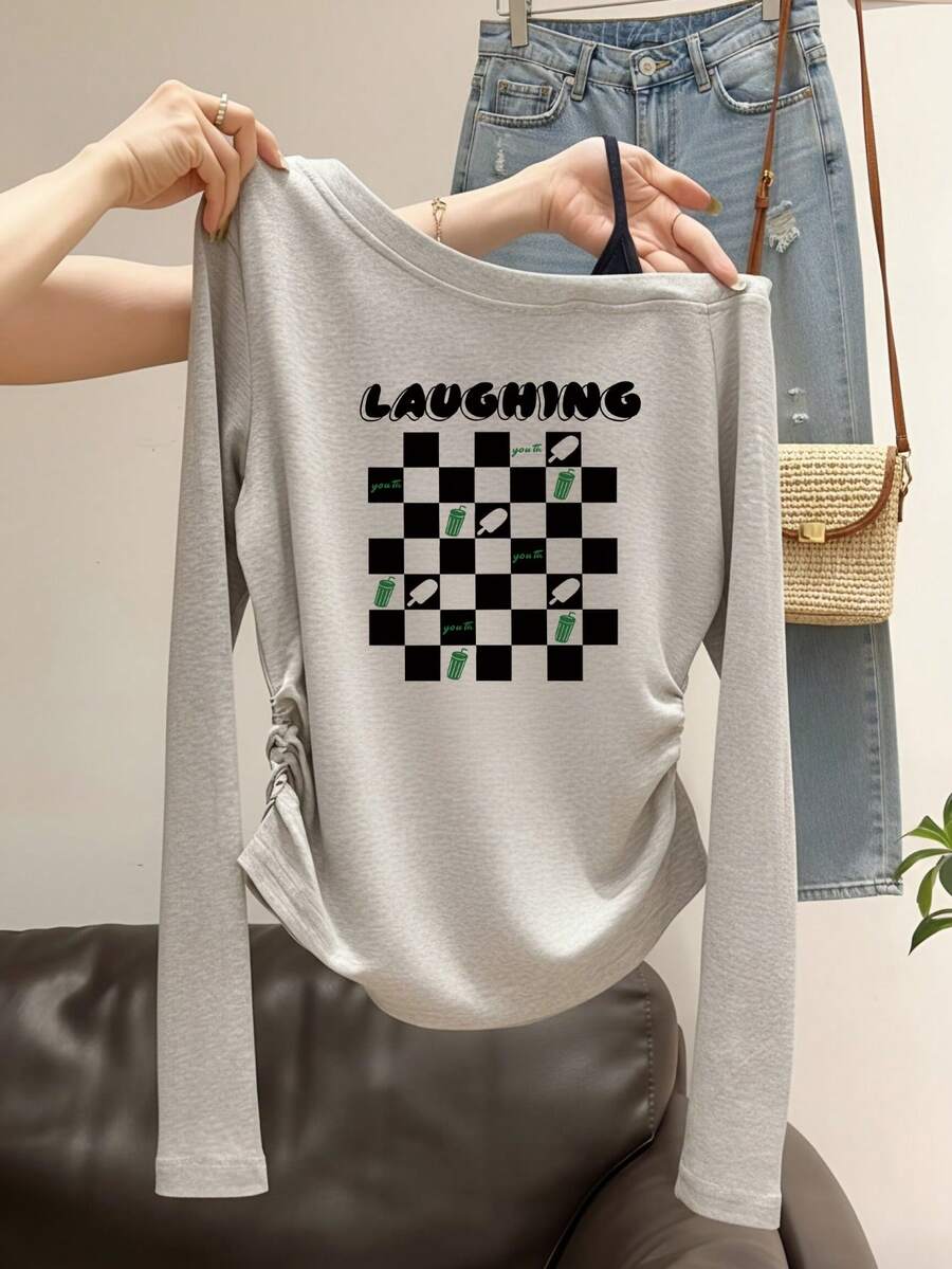 Light Gray Asymmetric One-Shoulder Plaid Ice Cream Letter Print Long Sleeve T-Shirt Women Autumn Side Ruched Slim Fit Pure Desire 2 In 1 Camisole Off-Shoulder Base Layer Top - Light Grey - View 1