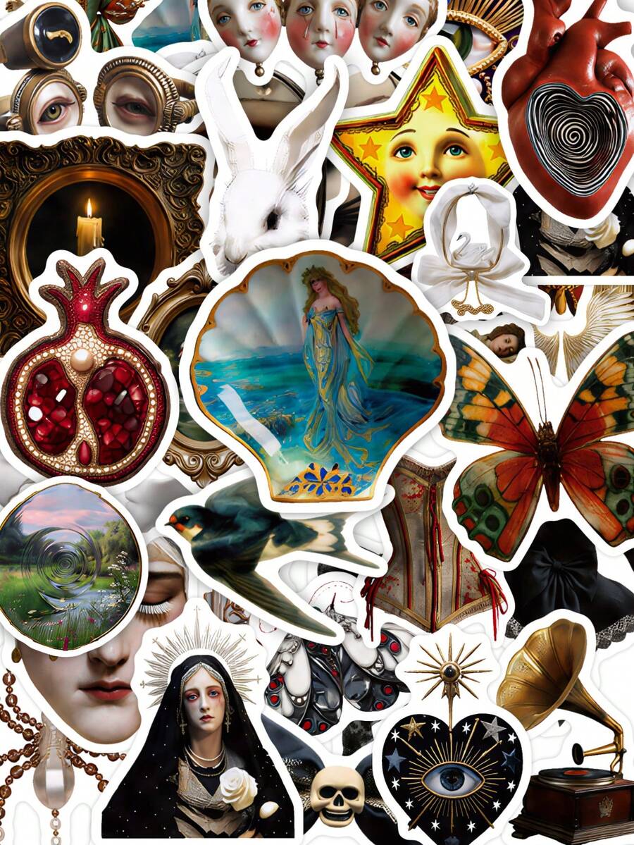 Weirdcore Gothic Victorian Ephemera Cutout Stickers 50Pcs, Dark Academia Oil Painting Eye Heart Sculpture Waterproof Decals For Junk Journal Album Collage Planner Layout, Back To School - Multicolor - View 1