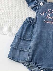 Cute & Playful Baby Girl Denim Romper With Ruffle Flutter Sleeves, Chest Embroidery, Adjustable Button Shoulder Straps - Medium Wash - View 4