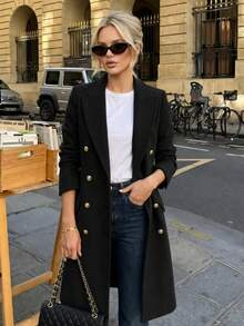Women's Wool-Like Fabric Overcoat With Peak Lapels And Double Button Detail Long Sleeve Regular Fit Jacket, Casual For Autumn/Winter Black - Black - View 2
