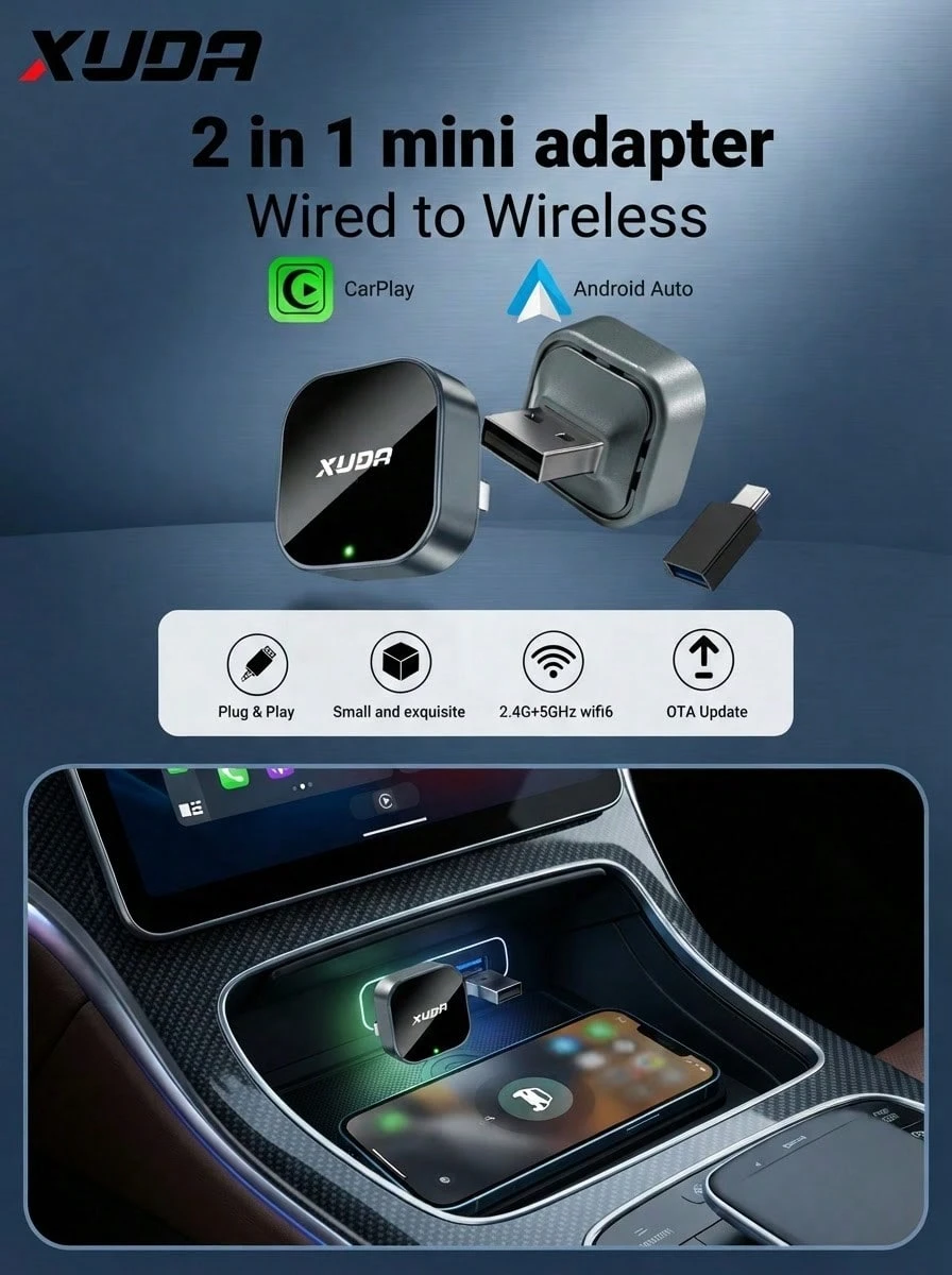 XUDA 2026 新款智能车载盒，二合一无线 CarPlay 和 Android Auto 迷你适配器，有线转无线转换器，CarPlay 适配器，快速自动连接，无延迟，小巧智能盒，时尚便携，兼容 和 Android 系统，配备 USB/USB-C 接口 - A - 查看 1