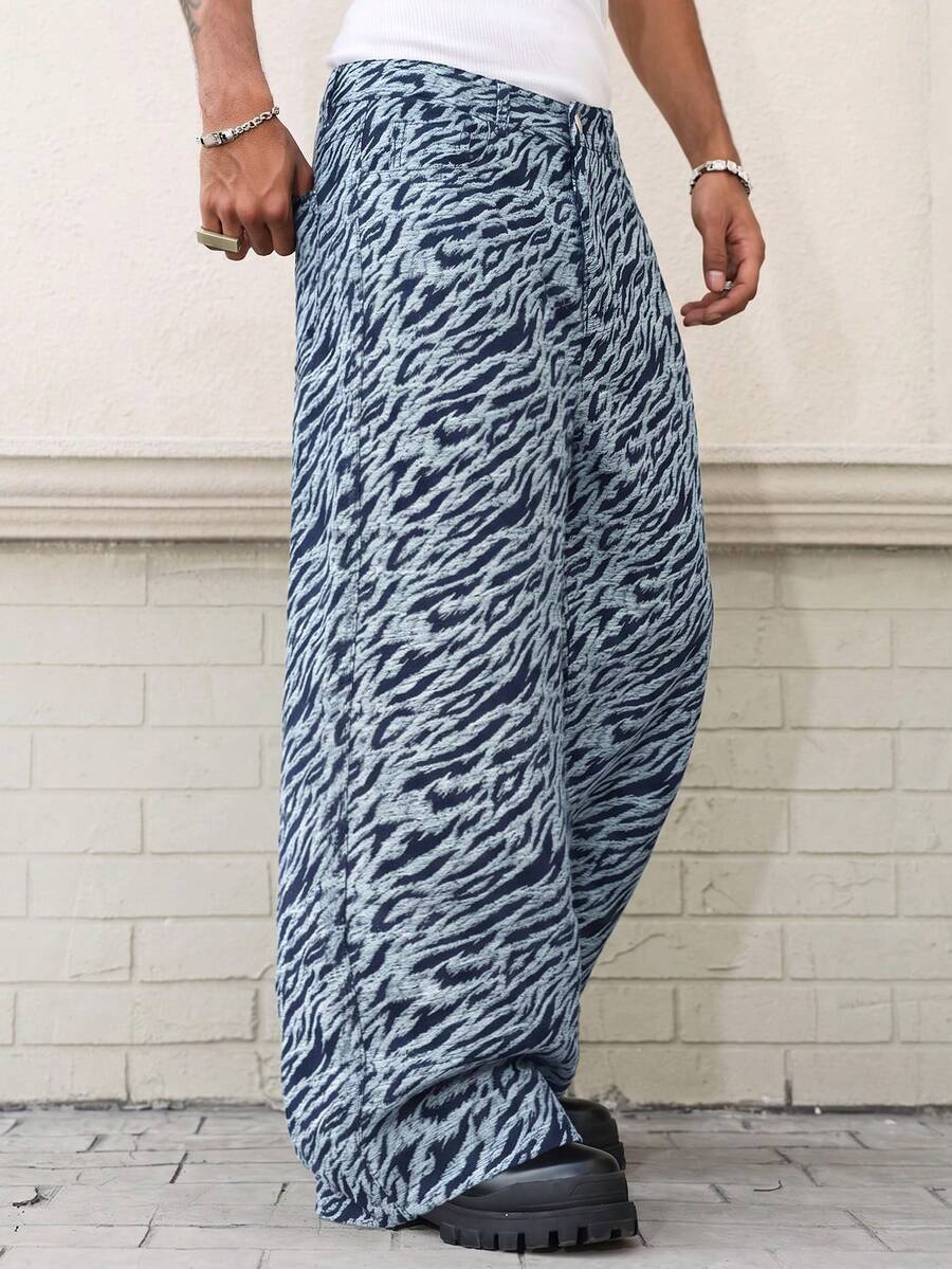 Men's Vintage Zebra Print Jacquard Loose Wide Leg Denim Jeans, Suitable For Casual, Party And Other Occasions
