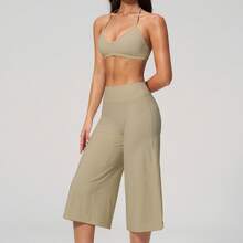Women's 2 Pieces Summer Set, Tank Top And Short Wide Leg Pants, Suitable For Vacation, Date And Daily Wear. Sports Outfit - Khaki - View 8