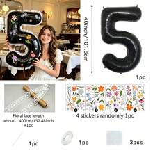 40 Inch Large 0-9 Number Foil Balloon Set, White Lace Decorative Ribbon, DIY Floral Theme Stickers, Suitable For Women's Birthday, Confession, Proposal, Anniversary Party, Wedding, Indoor/Outdoor Holiday Events, Photography Props And More - Black - View 4