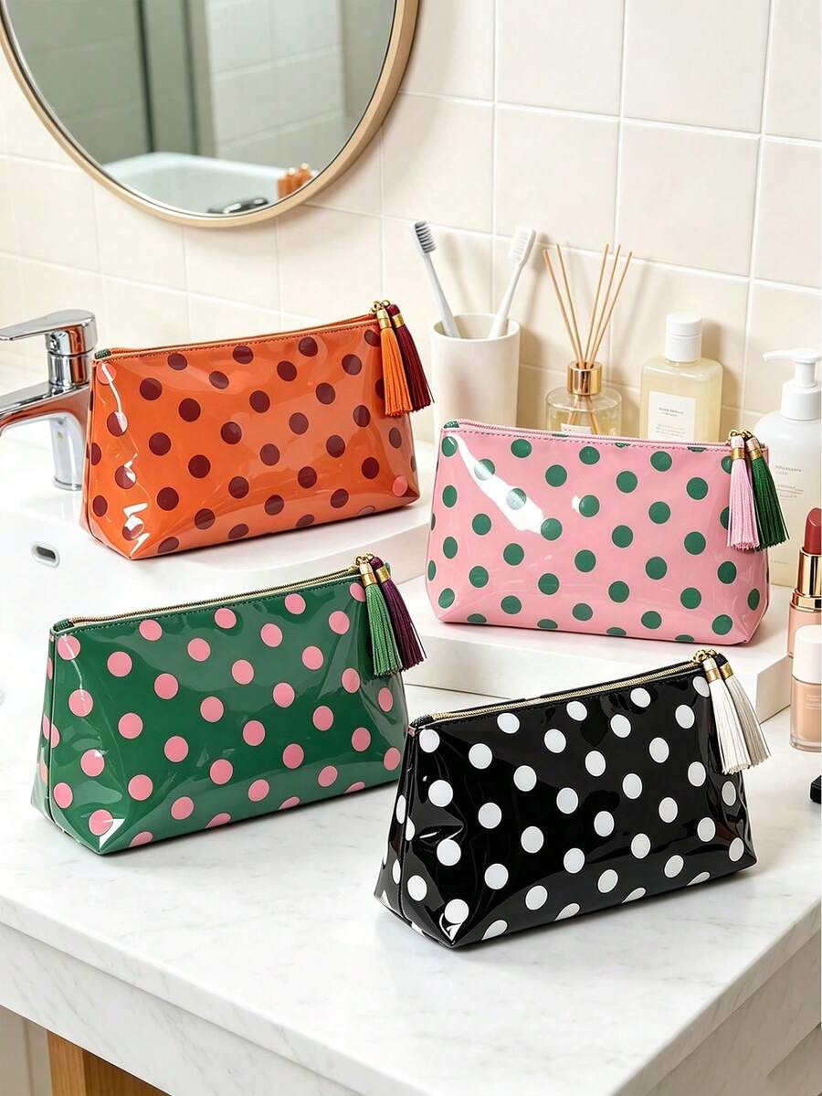 Polka Dot Waterproof Makeup Bag With Contrasting Tassel Storage Bag, Large Capacity Portable Travel Wash Bag Suitable For Skincare, Bathroom, Vacation - Multicolor - View 1
