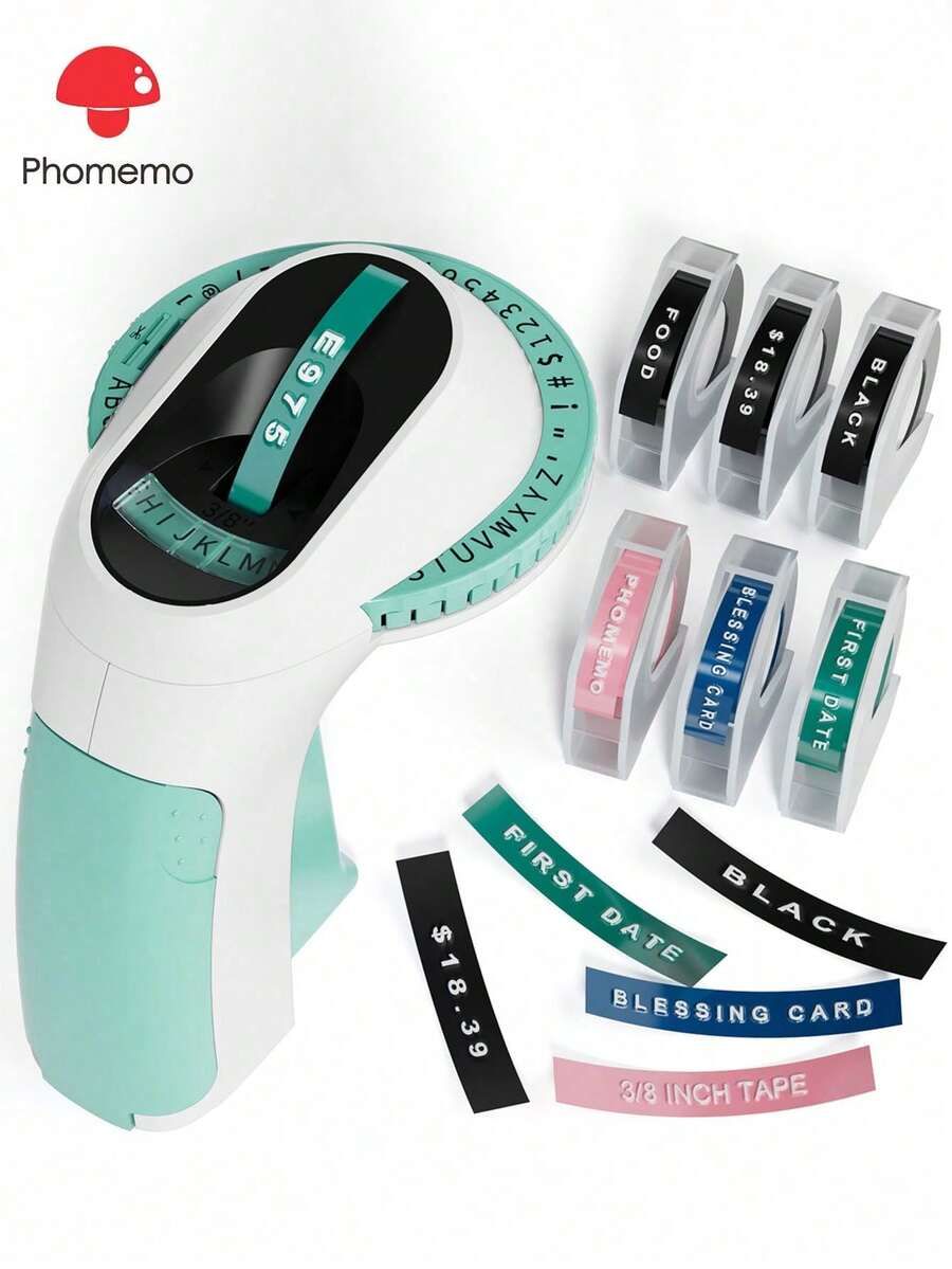 Phomemo E975 máquina etiquetas relieve 3D, set 1 con 6 cintas 9mm (3 ne.gro/1 rosa/1 azul/1 verde). Portátil y retro, ideal para hogar, oficina, manualidades y bricolaje. Legible y resistente al agua. - verde - Ver 1