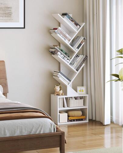 10 Tier Tree Bookshelf,Floor Standing Wood Tall Bookcase For Narrow Space, Storage Organizer Bookshelves For Books, Book Case For CDs/Movies/Books,Home Office,Living Room, Bedroom