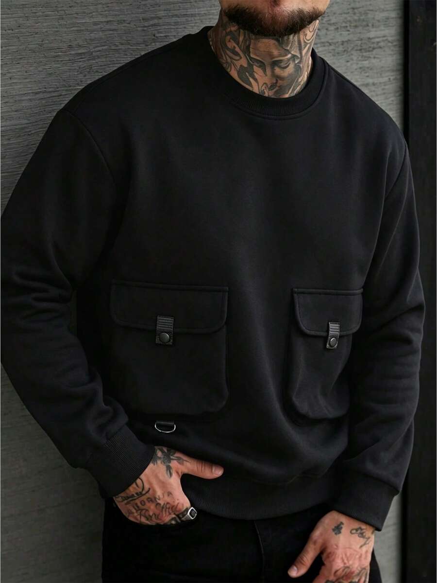 Men's American Workwear Dual Pocket Crew Neck Pullover Sweatshirt Tall Men Autumn Winter Solid Color Loose Casual Long Sleeve Top