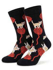 1 Pair Men Crew Socks, Cute Cat Kitten Yarn Ball Playful Themed Crew Socks, Unisex, Gift For Husband Son Boyfriend, Fall Winter Halloween Christmas - Multicolor - View 7