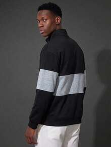 Camvyn Men's Autumn/Winter Casual Fashion Patchwork Loose Drop Shoulder Zip-Up Polo Collar Sweatshirt - Black - View 2