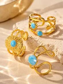 1pc Women's Stainless Steel Ring With Enamel Craft Geometric Design, Vacation Style, Suitable For Travel Wear - Yellow Gold - View 5