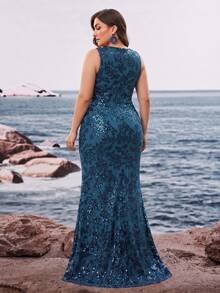BluePlum Gaun Malam Model Duyung Tanpa Lengan Berkerah V dengan Hiasan Payet Ukuran Plus yang Elegan untuk Pesta Pernikahan Musim Gugur - Teal Blue - View 4