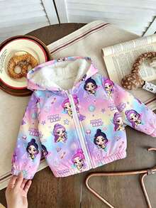 Baby Girl Cartoon Print Warm Hooded Jacket - Purple - View 2