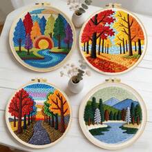 DIY 戳戳繡刺繡套件，適合初學者。包含戳戳針、毛線、指南、刺繡框和預印布料。季節性彩色森林風景圖案。創意手工，適合牆面裝飾和禮物。2D 印刷套裝。20x20cm/7.87in - 20X20CM - 查看 2