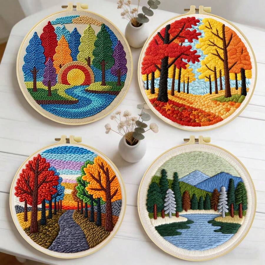 DIY 戳戳繡刺繡套件，適合初學者。包含戳戳針、毛線、指南、刺繡框和預印布料。季節性彩色森林風景圖案。創意手工，適合牆面裝飾和禮物。2D 印刷套裝。20x20cm/7.87in