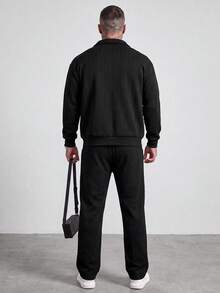 Business Casual Solid Color Zip-Up Jacket And Pants 2 Pieces Set, Versatile Everyday Casual Outfit - Black - View 2