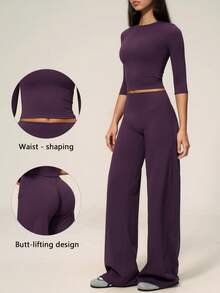 TimeOff Setelan Olahraga Wanita Satu Set: Kaos Lengan Pendek Leher Bulat Warna Polos dan Celana Panjang Lebar - Purple - View 1