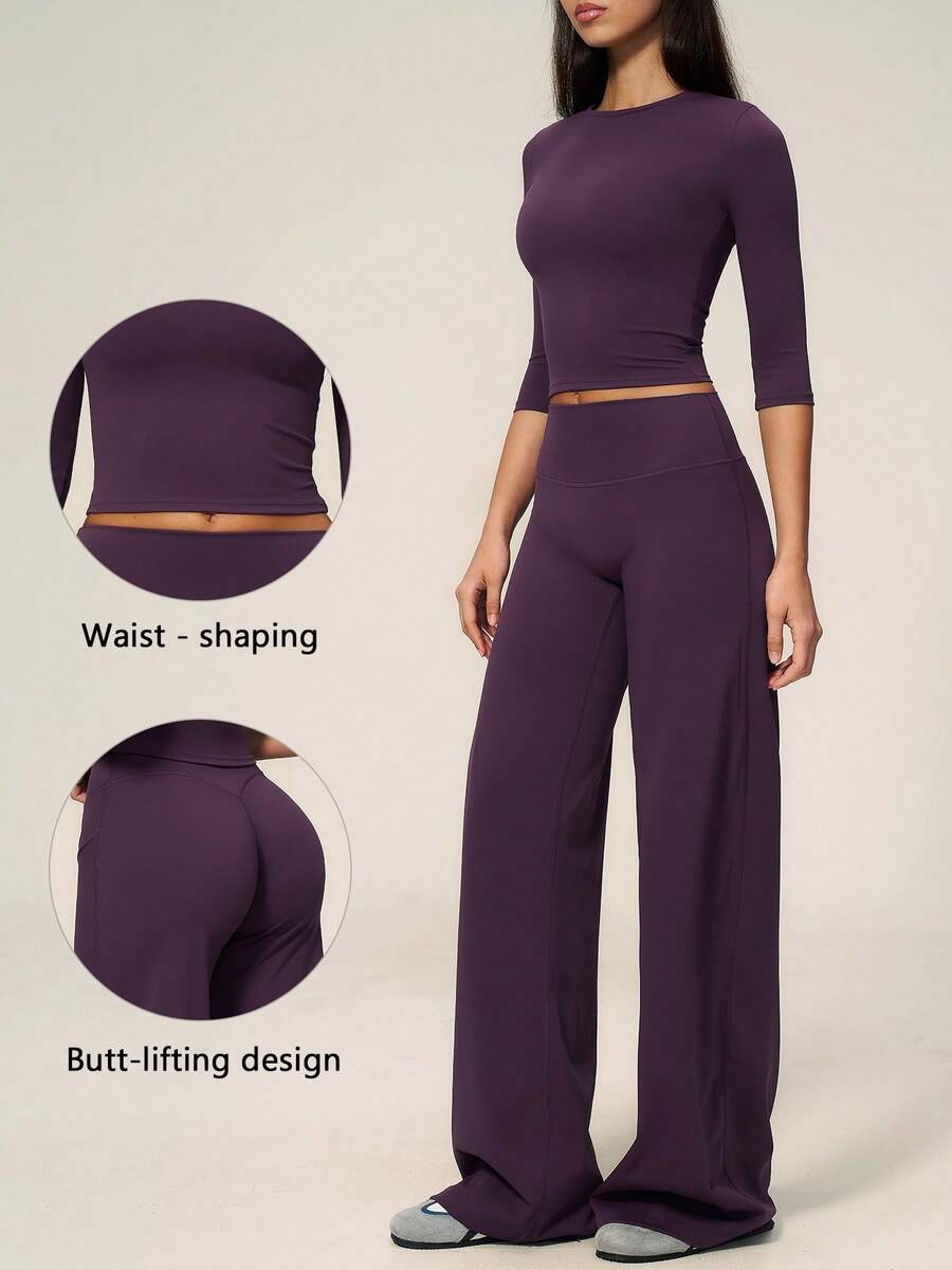 TimeOff Setelan Olahraga Wanita Satu Set: Kaos Lengan Pendek Leher Bulat Warna Polos dan Celana Panjang Lebar - Purple - View 1