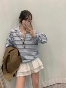 YCYC 優雅百搭條紋鈕扣針織上衣 - 藍色 - 查看 1