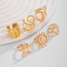 6pcs Vintage Bohemian Vacation Style Gold Flower & Starfish Ring Set, Stackable Rings, Women's Fashion Jewelry - Yellow Gold - View 9