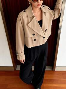 Khaki Double-Breasted Lapel Short Trench Coat, Loose Fit Slimming Casual Commuter Everyday Versatile Short Jacket - Khaki - View 5