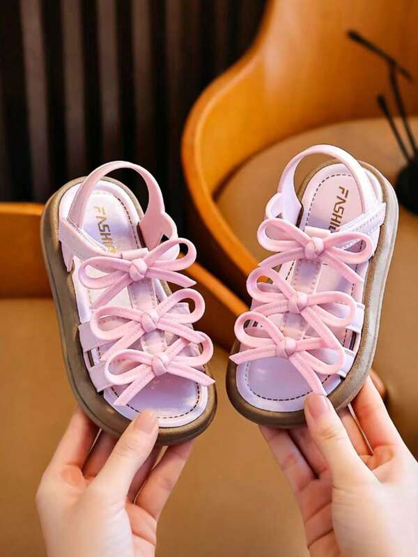1 Pair Children's Solid Color Girls' Flat Sandals, Women's Summer Sandals, Outdoor Travel Sports Soft Sole Non-Slip Comfortable Bow Knot Hook And Loop Design, Children's Flat Sandals Suitable For Summer
