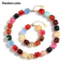 Ensemble collier et bracelet à grosses perles, style bohème, grandes perles carrées en acrylique, collier chaîne épaisse coloré et exagéré à la mode pour femmes (couleur des perles aléatoire) - perle d'espacement - Voir 7