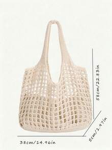 Beige Hollow Crochet Mesh Tote Bag, Large Capacity Open Knit Shoulder Bag, Lightweight Breathable Handbag For Beach Vacation Travel - Beige - View 5