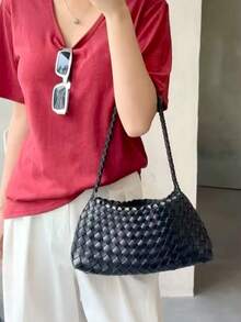 Bolso de hombro de estilo japonés & coreano con diseño de nicho minimalista de moda Ins, textura tejida de gran capacidad versátil para ir al trabajo, uso al aire libre, compras diarias, bolso de axila, bolso baguette, bolso de mano pequeño - Negro - Ver 7