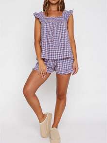 Women Summer Pajama Set Solid Flying Sleeve Tank Tops And Ruffle Shorts 2 Piece Casual Lounge Outfit - Purple - View 5