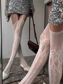 1 Pair Black White Red Women's Fishnet Suspender Pantyhose, Heart & Floral Pattern Thigh High Stockings With Garter Belt, Summer Travel Party Cosplay Gift - Multicolor - View 9