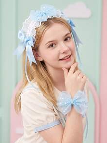 2pcs Girls Blue Lace Trim Headband + Sequin Mesh Bow Wrist Flower Set, Soft Sweet Style Teenager Hair Accessories, Birthday Party, Daily Wear, Cute Decorative Hair Accessories - 2PCS - View 5