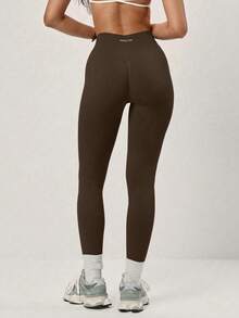 PinkTip 1件女款純色極簡風騎行運動長褲，高腰收腹提臀運動緊身褲，適合瑜珈、健身、跑步、戶外穿著 - 棕色 - 查看 6