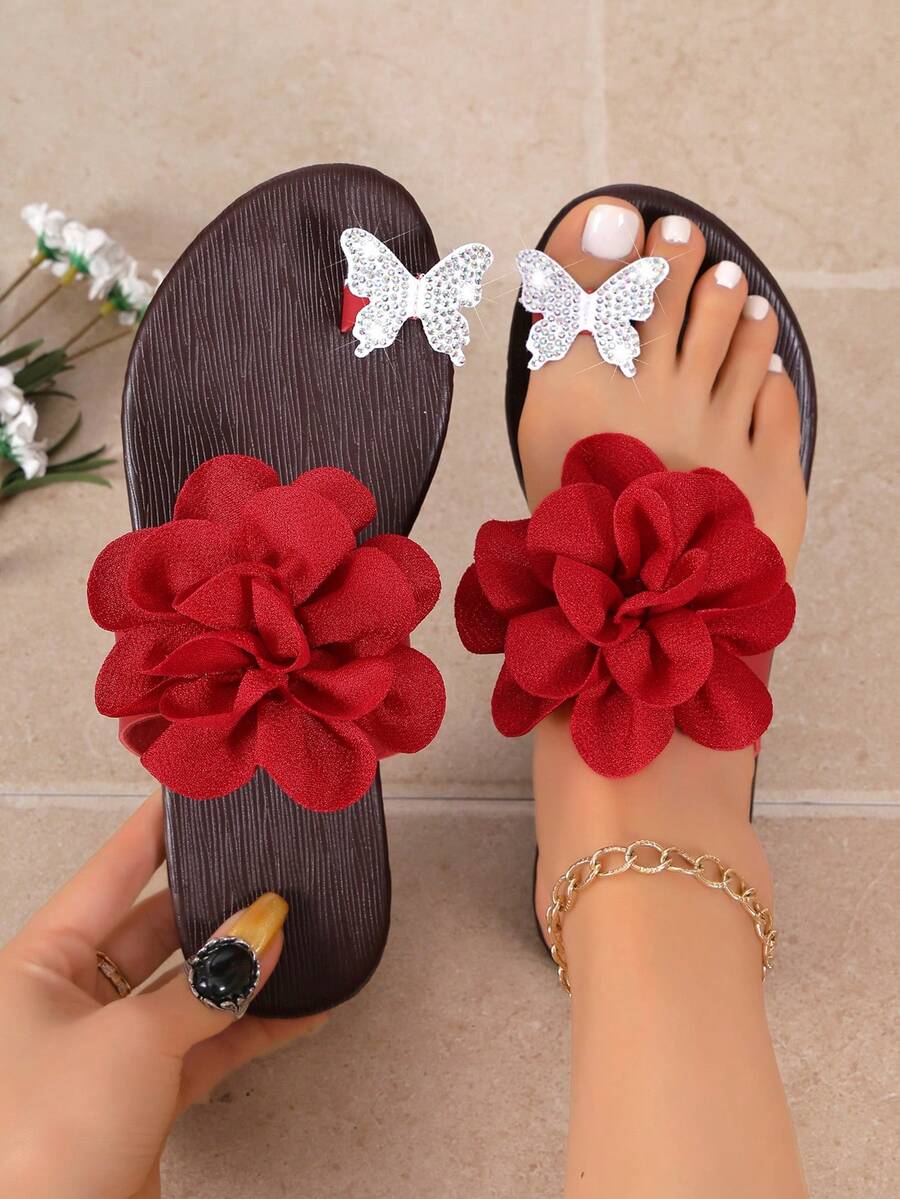 Women's 3D Flower Toe-Post Sandals, Flat Sandals With Rhinestone Butterfly Pattern, Summer Vacation Beach Casual Flip-Flops - Red - View 1