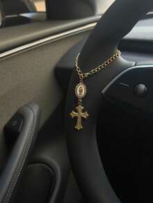 Vintage Rhinestone Virgin Mary Cross Car Hanging Ornament, Luxury Gold Chain Rearview Mirror Pendant, Unique Niche Car Interior Decor - A - View 10