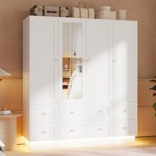 VOWNER Wardrobe Armoire With Mirror & RGB Light, Modern Wardrobe With Hanging Rod, Drawer & Shelves For Storage, Large Wardrobe Closet For Bedroom - White - View 2